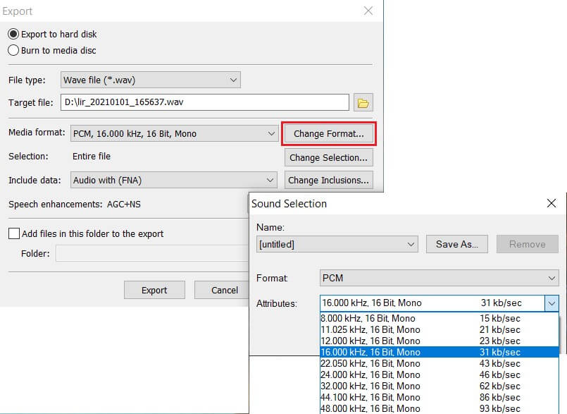 export DCR to WAV format